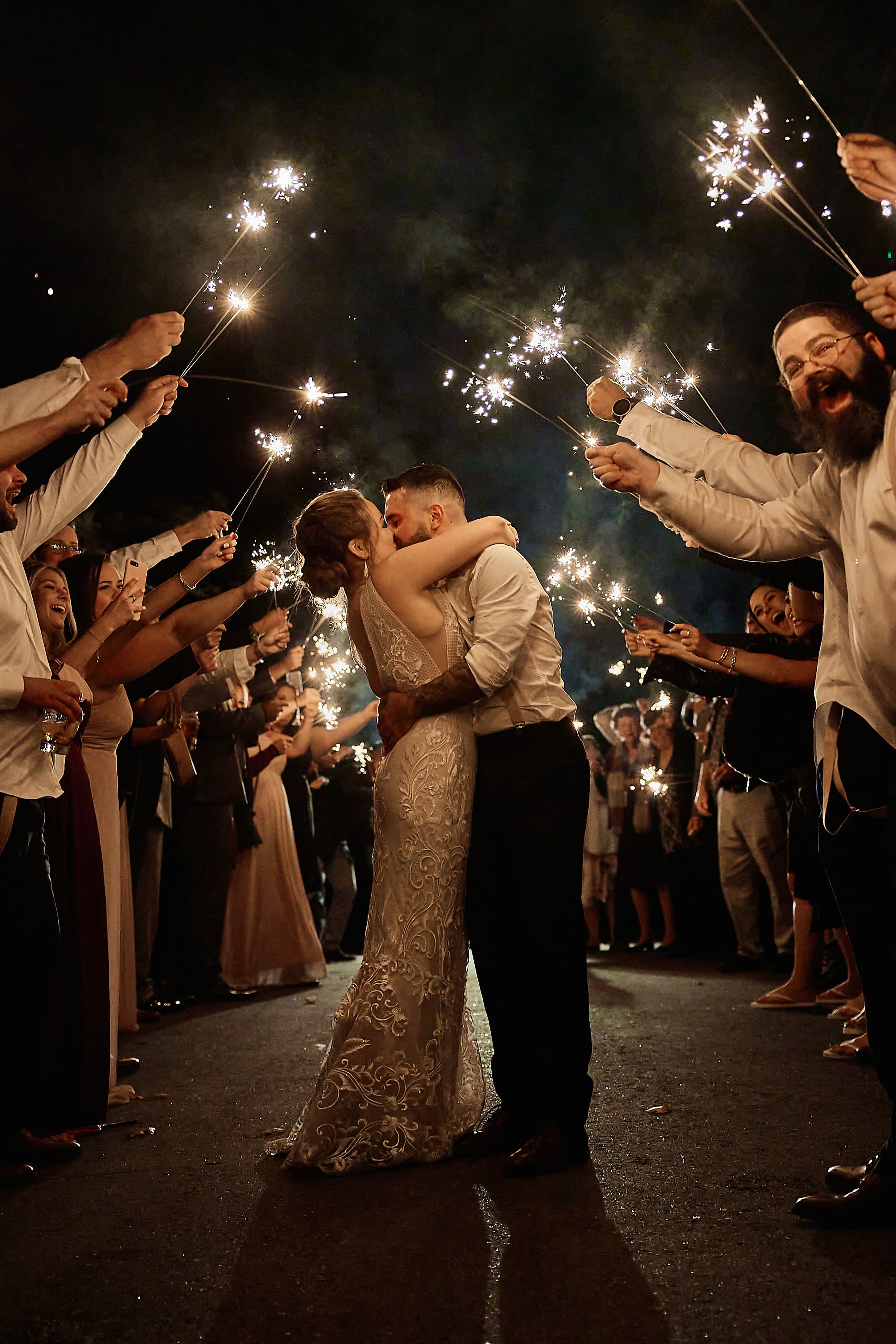 Cinematic sparkler send off for a couple at a Massachusetts wedding